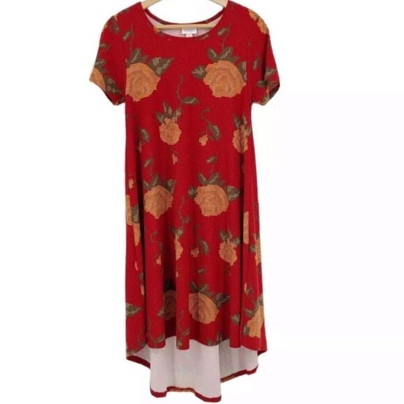 Lularoe Women’s Carly Dress Size XS Floral Print High Low Shift Red Short Sleeve - Picture 1 of 8